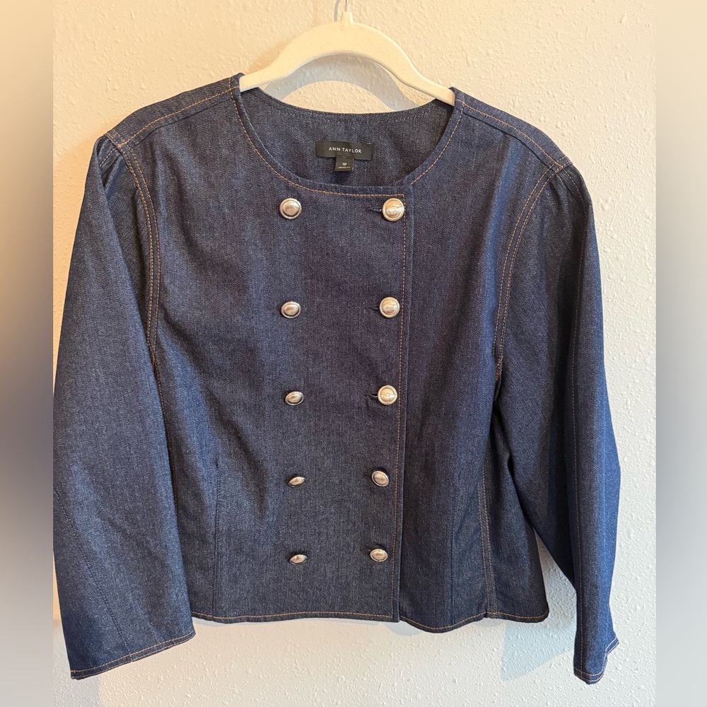 Ann Taylor Dark Blue Denim Double-Breasted Jean Jacket